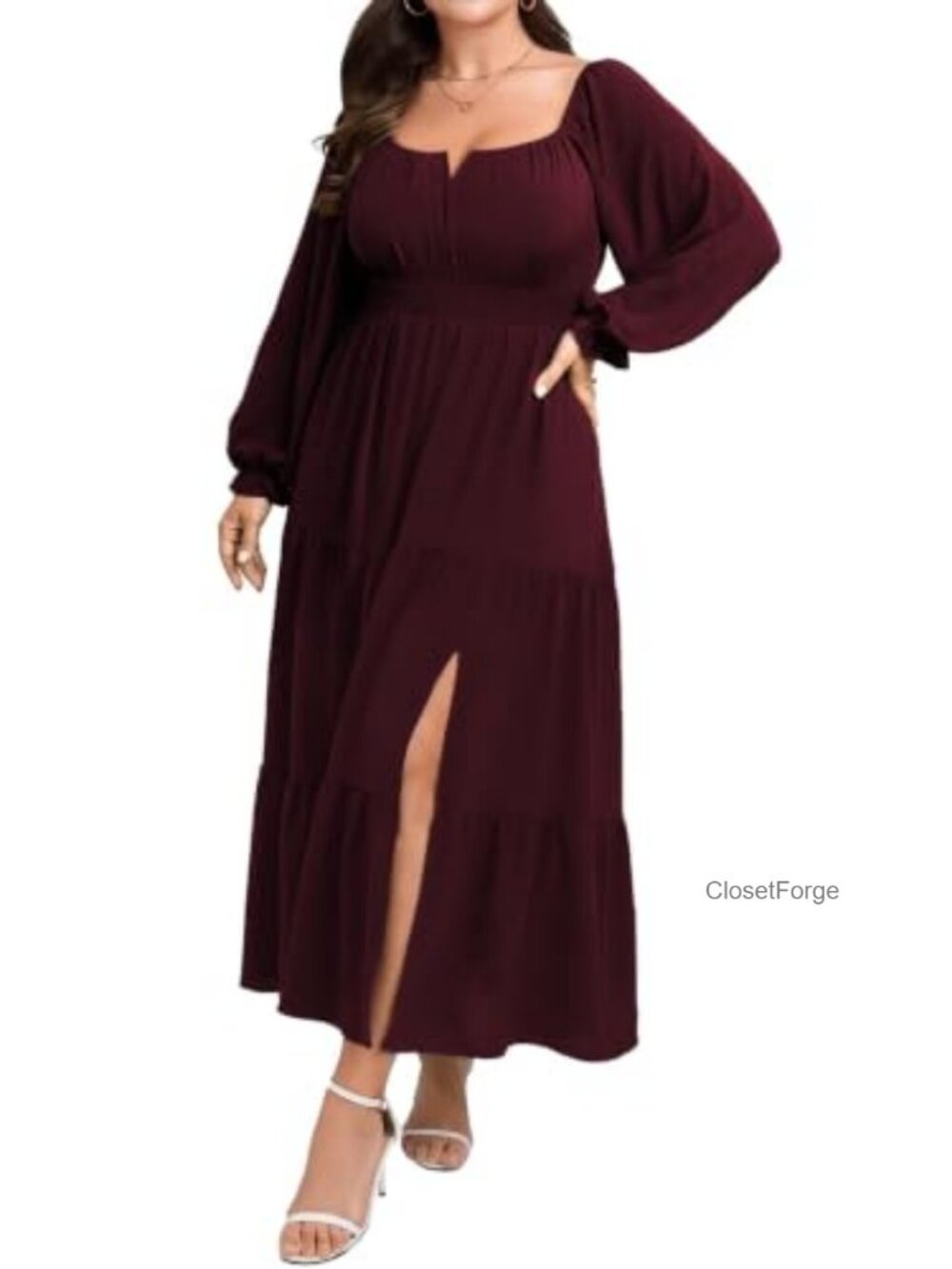 Plus Size Long Sleeve Square Neck A Line Tiered Maxi Formal Dress